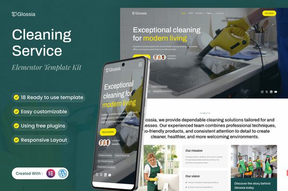 Glossia - Cleaning Service Elementor Template Kit 1 Glossia