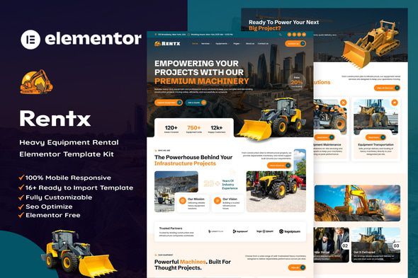 Rentx - Heavy Equipment Rental Elementor Template Kit 1 Rentx